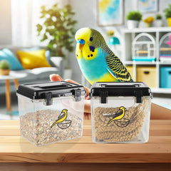 Lolytama bird seed container ergonomic handle enables easy lifting and moving.