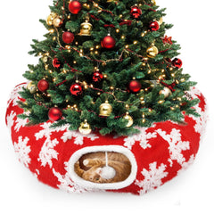 Lonepetu cat tunnel Christmas tree skirt offers a cozy, festive spot by the tree for curious kitties.