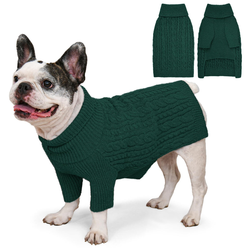 Lorehelina dog sweater front view shows warm green knit for cold walks.