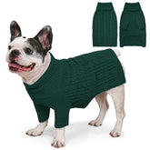 Lorehelina dog sweater front view shows warm green knit for cold walks.