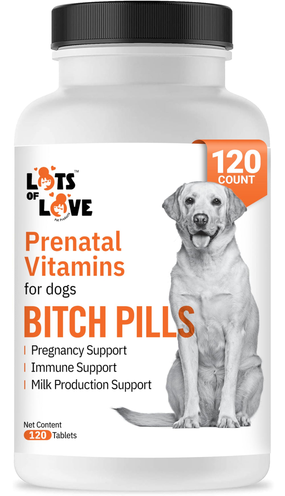 Lots of Love Bitch Pills packaging clearly labeled prenatal vitamins for dogs, convenient for planning her litter nutrition.