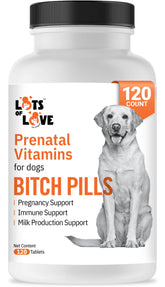Lots of Love Bitch Pills packaging clearly labeled prenatal vitamins for dogs, convenient for planning her litter nutrition.