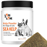 Lots of Love Kelp Powder bottle with scoop, supports healthy coat and digestion.