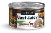 Lotus Just Juicy Venison Stew can in a 24-pack; protein-rich cat meal.
