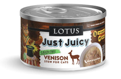 Lotus Just Juicy Venison Stew can in a 24-pack; protein-rich cat meal.