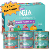 LOVE NALA Flaked Fish Variety Pack front packaging highlights grain-free, non-GMO formula.