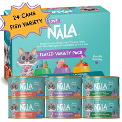 LOVE NALA Flaked Fish Variety Pack front packaging highlights grain-free, non-GMO formula.
