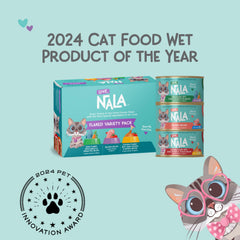 LOVE NALA Flaked Fish Variety Pack ingredients closeup featuring tuna, salmon, chicken.