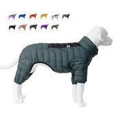 Lovelonglong ArmyGreen Dog Jacket front view demonstrates full-leg warmth for cold-weather walks.