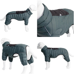 Lovelonglong ArmyGreen Dog Jacket side view highlights adjustable chest and neck straps for a secure fit.