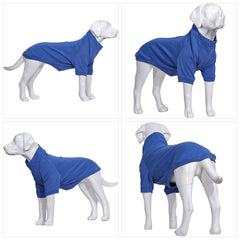 Lovelonglong blue pullover on a dog shows easy slip-on design for cold days.
