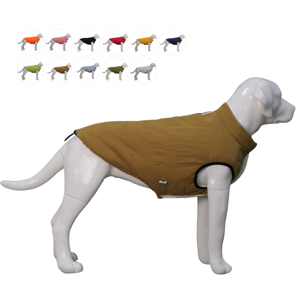 Lovelonglong dog vest coffee front view showcases cozy warmth for winter walks.