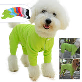 Lovelonglong Four Feet Dog Pajamas front view in green; breathable cotton for daily comfort.