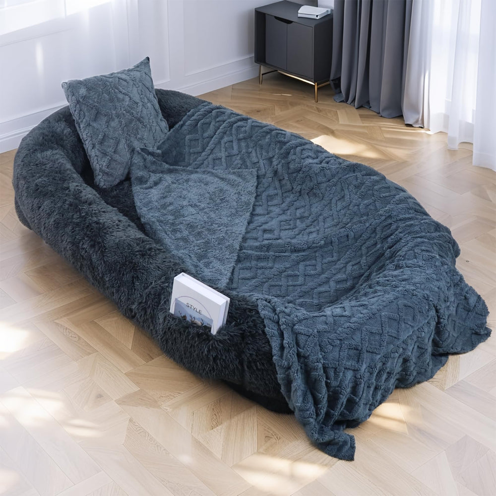 lovepals human dog bed setup shows plush fur for cozy lounging