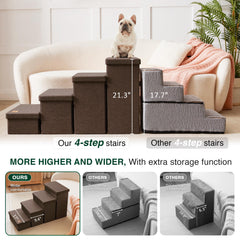 Love's cabin dog stairs coffee storage compartments reveal four under-step bins for pet accessories