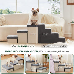 Love's cabin dog stairs storage underneath highlights extra space for blankets and toys.