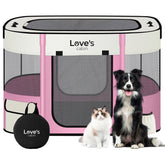 Love's cabin pet playpen folded with carrying case for easy transport.