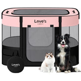 Love's cabin pink pet playpen assembled for small dogs in safe 4-panel setup.