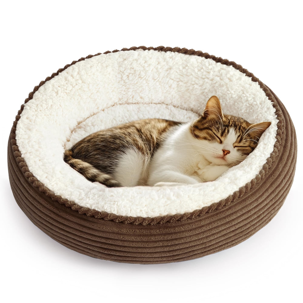 Love's cabin round donut bed 20in angle view emphasizes cozy nesting for small pets.