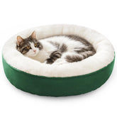 Love's cabin round-donut-bed close-up green fabric for cozy lounging