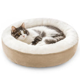 Love's cabin round donut bed camel front view shows nest walls for cozy naps