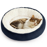 Love's cabin round donut bed navy stripe front view shows cozy nesting comfort for small pets.