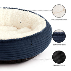 Love's cabin round donut bed navy stripe side view highlights secure raised rim support.