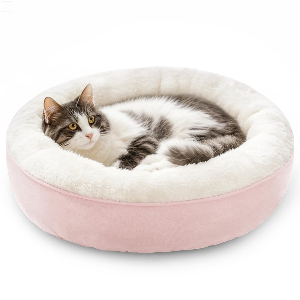 Love's cabin round donut bed pink with plush interior for cozy cat or small dog naps.