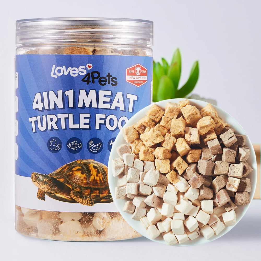 Loves4Pets freeze-dried turtle food box front shows protein-rich blend for turtles