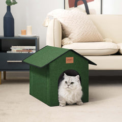 Love's cabin outdoor cat house green interior with removable mat highlights cozy indoor-outdoor comfort