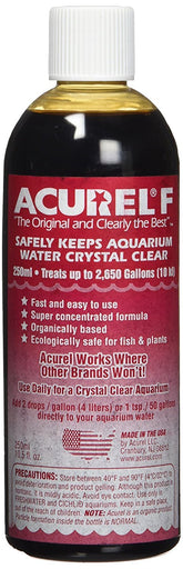 Loving Pets Acurel F250 bottle pour demonstrates quick water clarification in aquariums