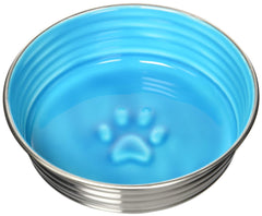 Loving Pets Le Bol Seine Blue dog bowl front view with no-skid base for mess-free meals.