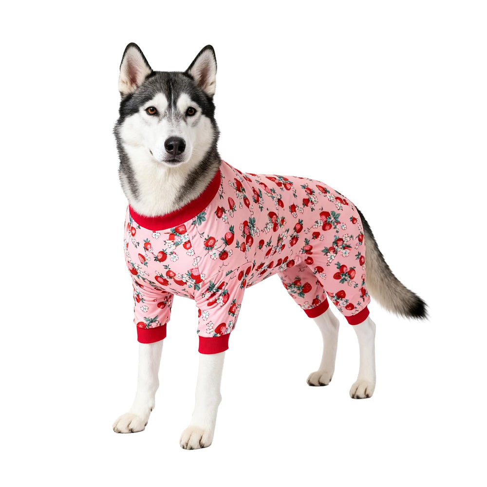 LovinPet Big Dog Pajamas Pitbull pink front view shows cozy recovery wear.