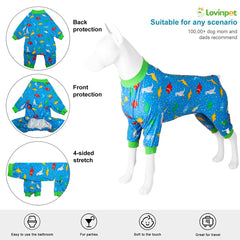 LovinPet blue dinosaur print onesie closeup showing stylish design and coverage.