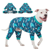 LovinPet blue elephant print dog onesie provides stylish outdoor protection.
