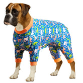 LovinPet dinosaur land blue print dog pajamas front view for comfortable lounging.