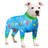 LovinPet dog post-surgery onesie in blue dinosaur print protects wounds and comforts pets.