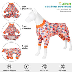 LovinPet full coverage dog pjs demonstrating secure coverage to keep dogs warm.