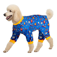LovinPet large dog onesie blue sports print closeup showing breathable fabric for comfort