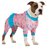LovinPet large dog onesie front view in light pink elephant print for comfy wear during recovery