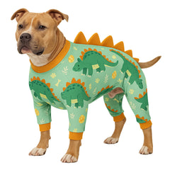 LovinPet large dog pajamas four-leg onesie in green-orange for calming snug fit