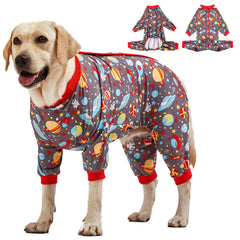 LovinPet large dog pajamas on a dog in space-travel grey for comfort