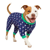 LovinPet midnight-blue swan-print pajamas offer full-coverage comfort for large dogs