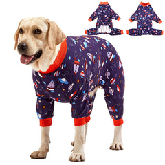 LovinPet pullover pitbull pajama on spacecraft navy front view for full-coverage warmth