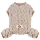 Loyanyy plush dog pajamas on a small beige dog for warm winter wear.