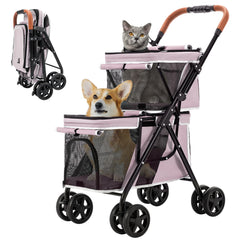 LPOTIUS Double Pet Stroller pink side view showing sturdy frame for up to 44 lbs