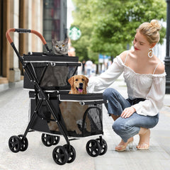 LPOTIUS double pet stroller side view highlights dual seating and easy maneuverability