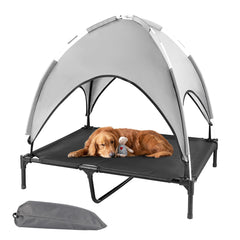 LPOTIUS elevated dog bed with canopy provides outdoor shade and cooling.
