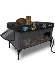 LUBLACET heated cat house exterior in winter offers shelter from cold and windy conditions.