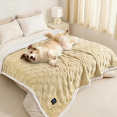 Luciphia waterproof dog blanket for large dogs in beige and white protects furniture during pet cuddles.